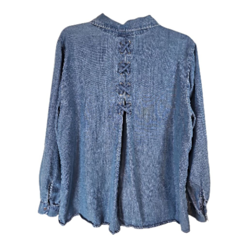 Style & Co Blue Chambray Floral Embroidered Denim Button Down Shirt XL - Picture 6 of 7